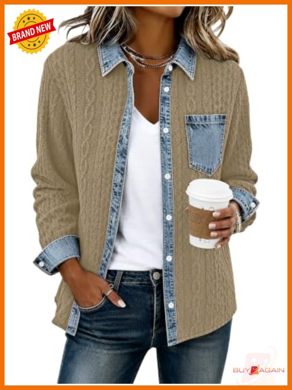 GUNEST Women's Denim Patchwork Shacket Button Down Loose Fit Jacket